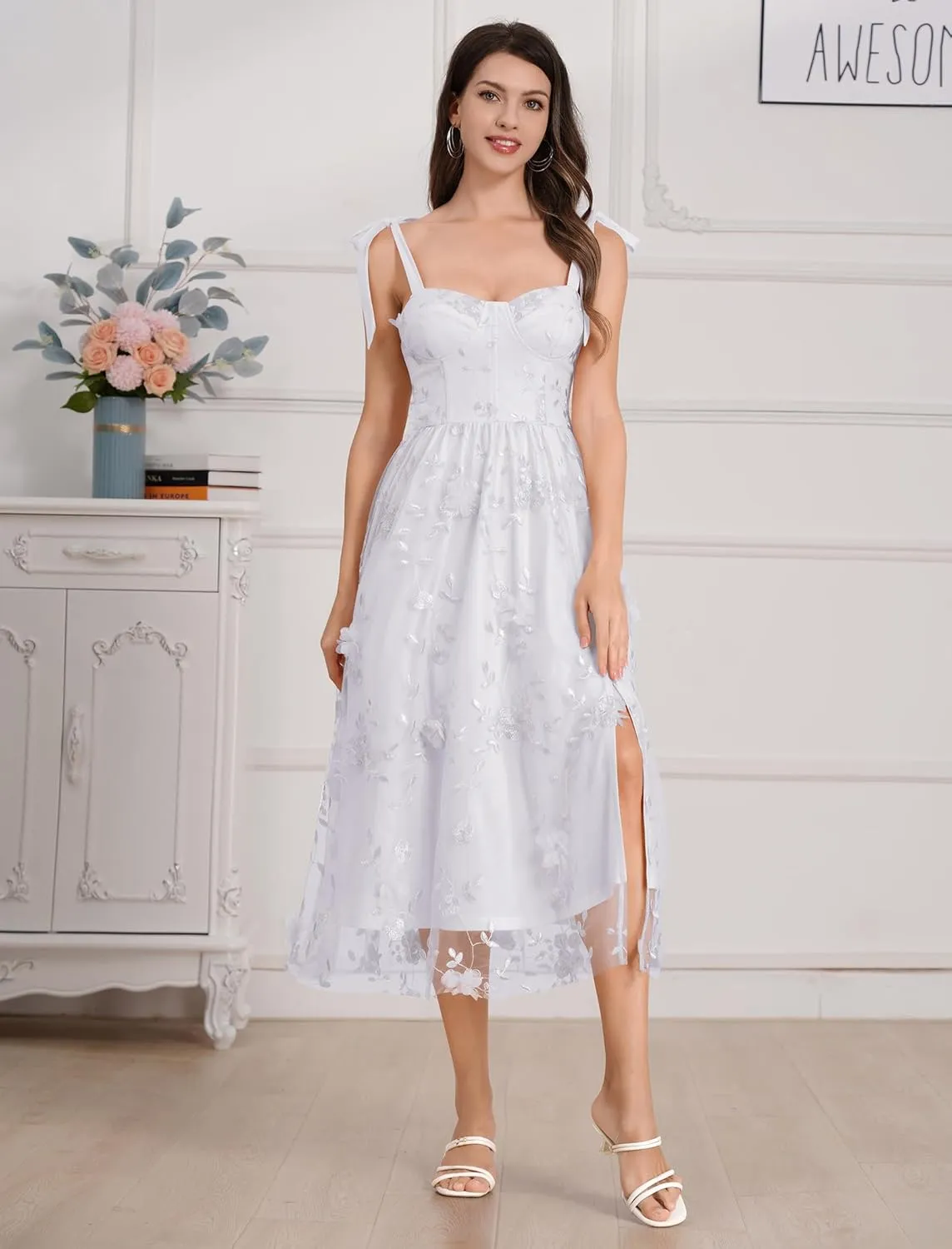Spaghetti Strap Embroidered Floral Dress for Women Wedding Formal Tulle Prom Corset Dress Smocked Split Midi Tea Party Dress