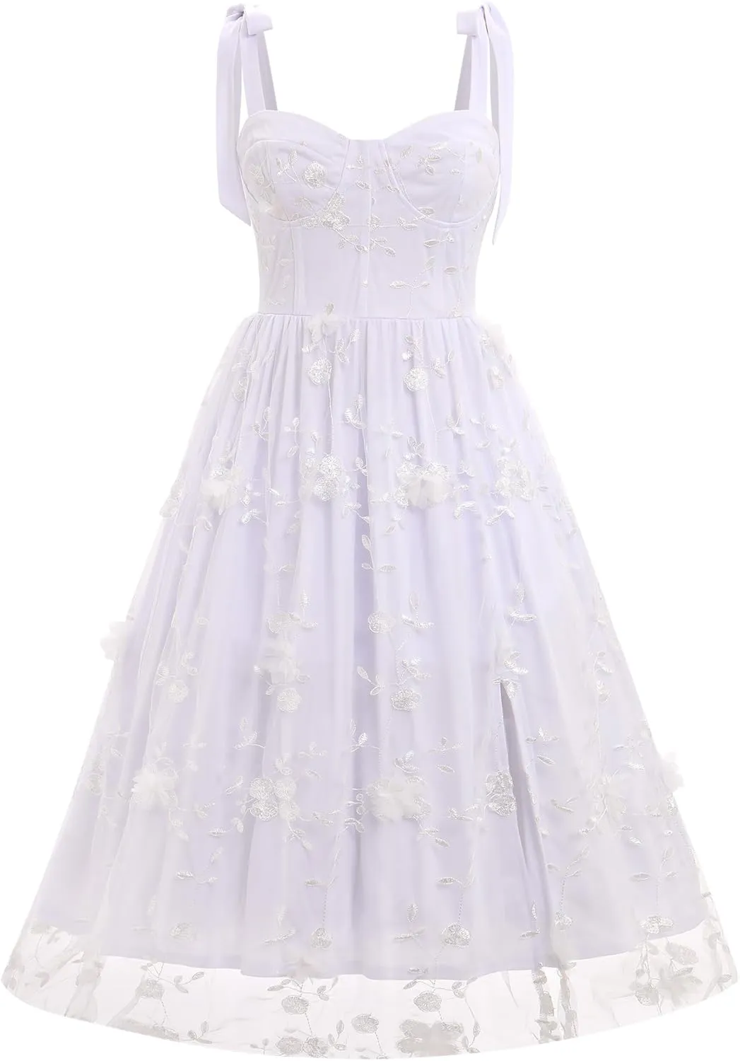 Spaghetti Strap Embroidered Floral Dress for Women Wedding Formal Tulle Prom Corset Dress Smocked Split Midi Tea Party Dress