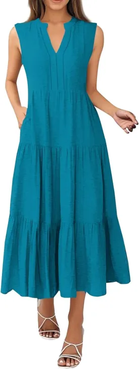 Summer Dresses for Women 2025 Maxi Casual Floral Boho Sundresses Sleeveless V-Neck Pleated Beach Vacation Tank Dress