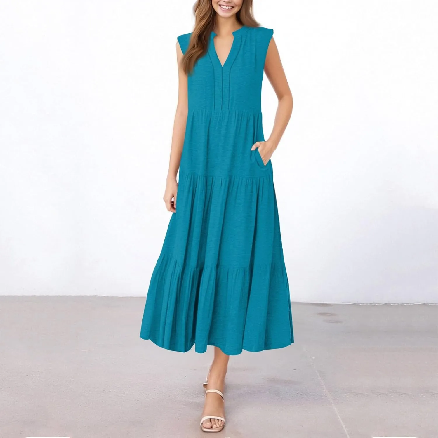 Summer Dresses for Women 2025 Maxi Casual Floral Boho Sundresses Sleeveless V-Neck Pleated Beach Vacation Tank Dress
