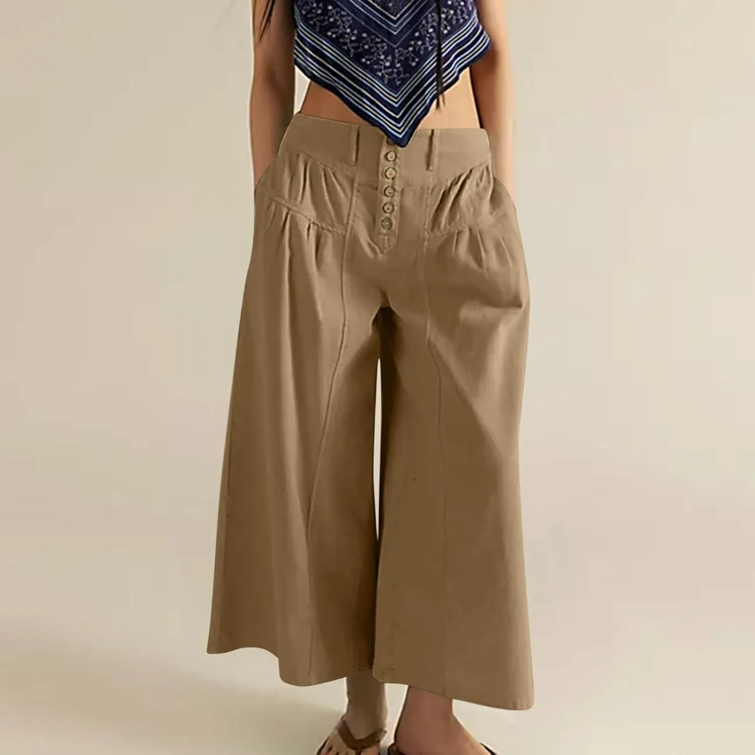 Wide Leg Capri Pants for Women Trendy High Waisted Buttons Fly Palazzo Denim Pants Pleated Culotte Jeans with Pocket