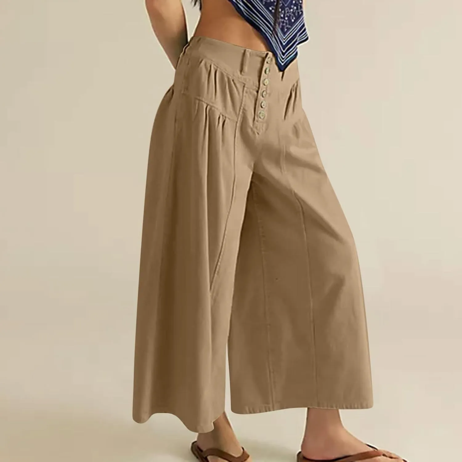 Wide Leg Capri Pants for Women Trendy High Waisted Buttons Fly Palazzo Denim Pants Pleated Culotte Jeans with Pocket
