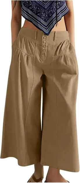 Wide Leg Capri Pants for Women Trendy High Waisted Buttons Fly Palazzo Denim Pants Pleated Culotte Jeans with Pocket