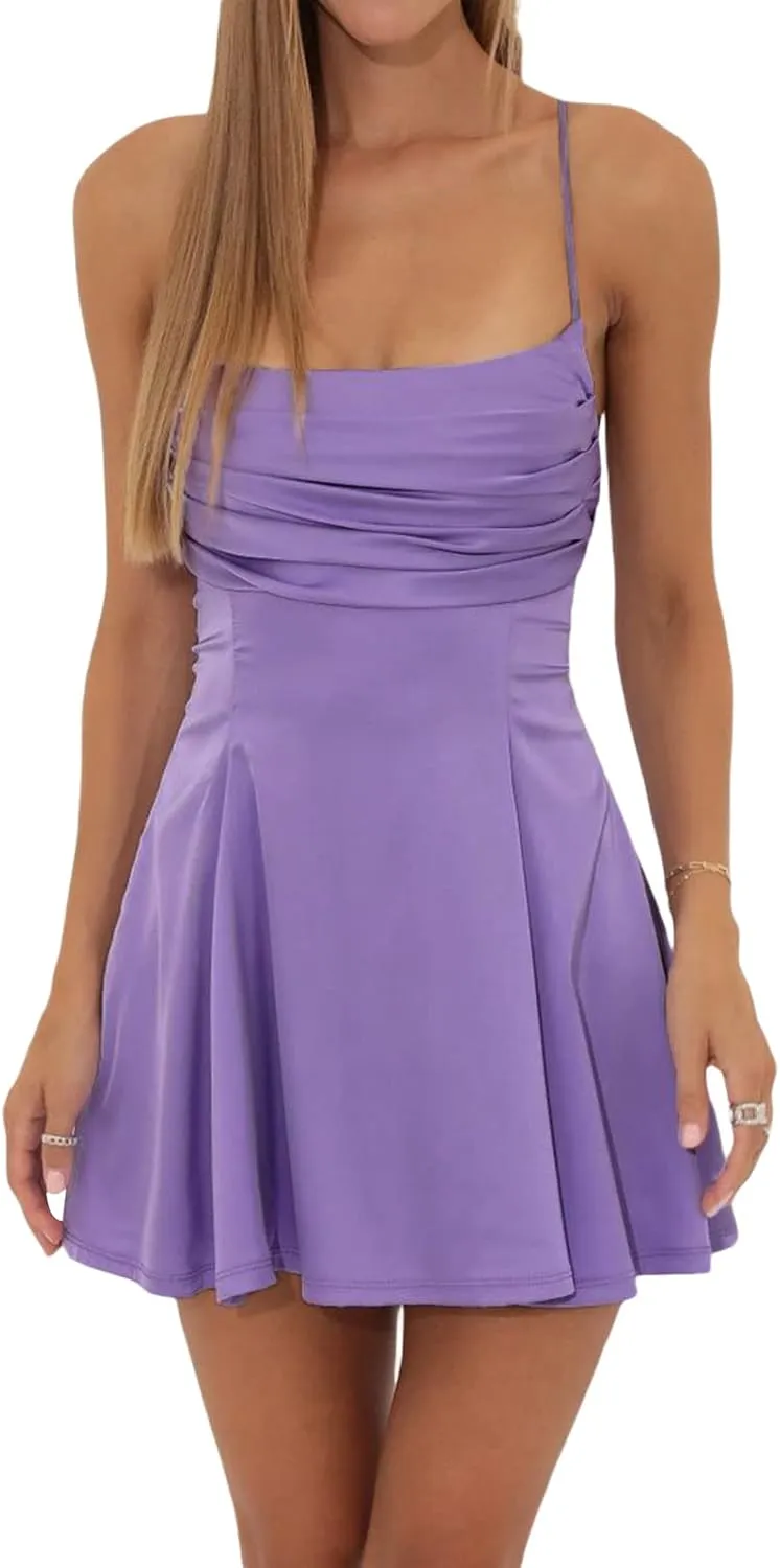 Women Backless Bow Knot Tie Back Satin Mini Dress Spaghetti Strap Flowy Short Dresses Party Graduation Dress
