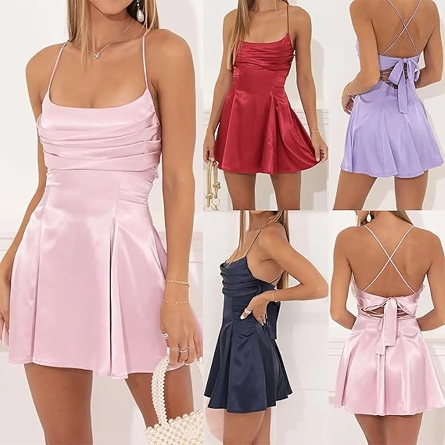 Women Backless Bow Knot Tie Back Satin Mini Dress Spaghetti Strap Flowy Short Dresses Party Graduation Dress