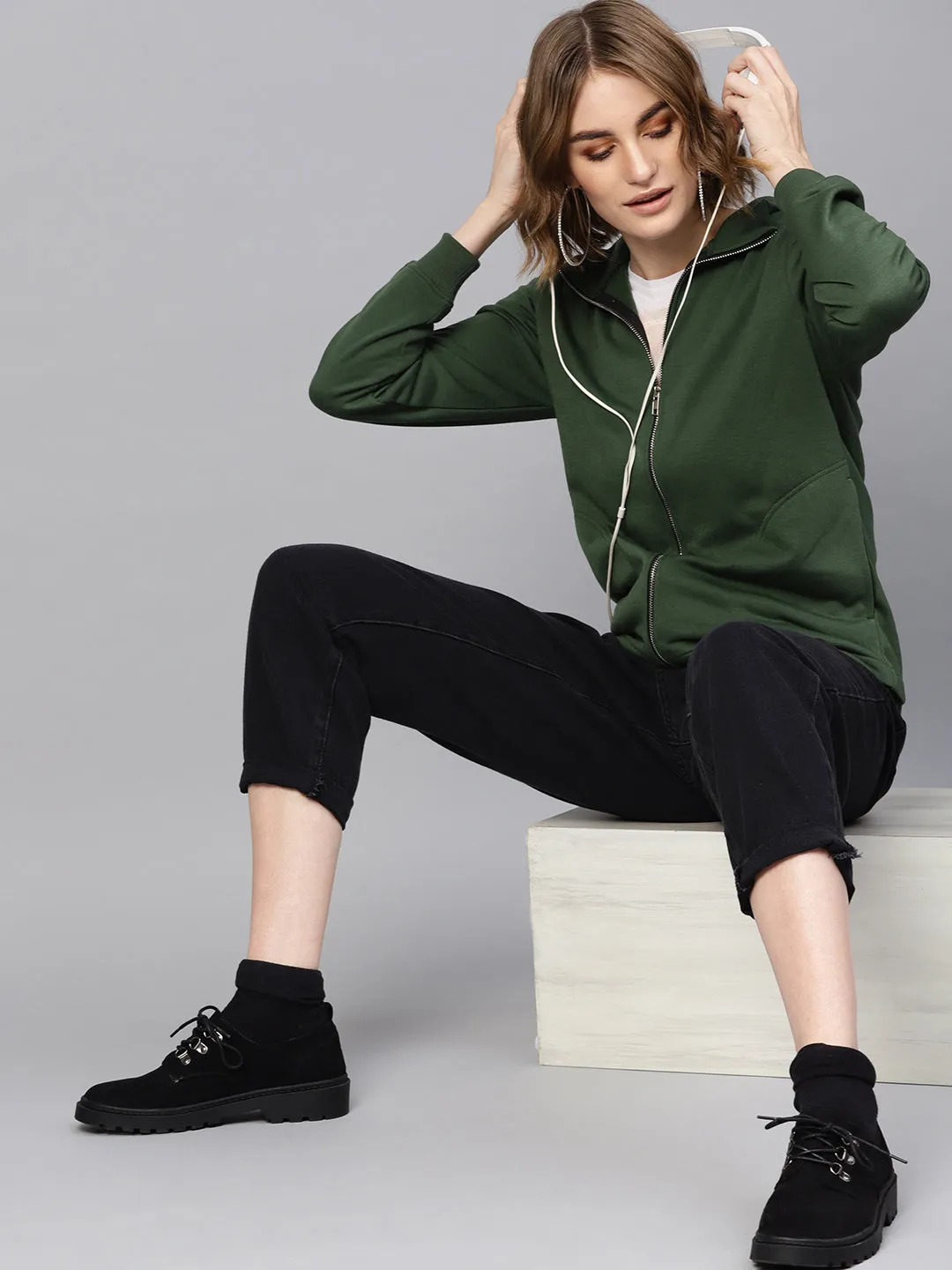 Women Olive Zipper Sweatshirt