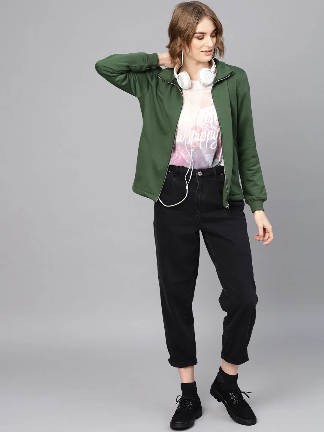 Women Olive Zipper Sweatshirt