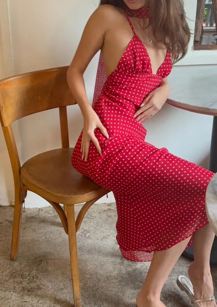 Women Polka Dot Summer Sundress Y2k V Neck Tie Back Spaghetti Strap Maxi Dress 2025 Slim Fit A Line Beachwear