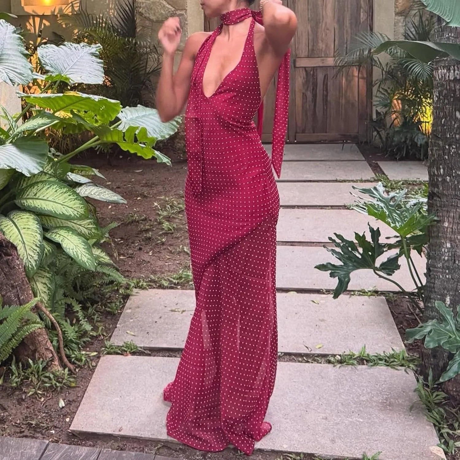 Women Polka Dot Summer Sundress Y2k V Neck Tie Back Spaghetti Strap Maxi Dress 2025 Slim Fit A Line Beachwear