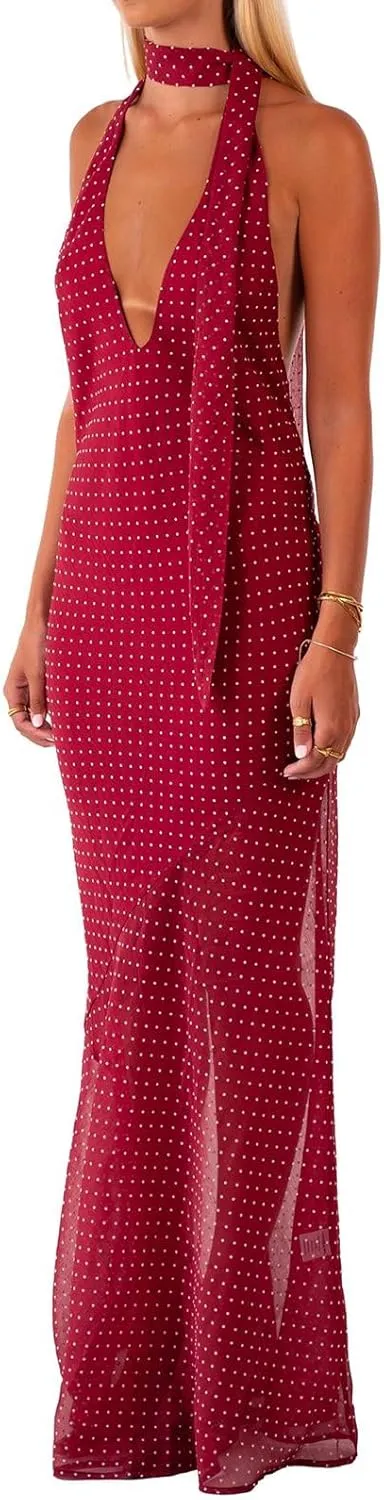 Women Polka Dot Summer Sundress Y2k V Neck Tie Back Spaghetti Strap Maxi Dress 2025 Slim Fit A Line Beachwear
