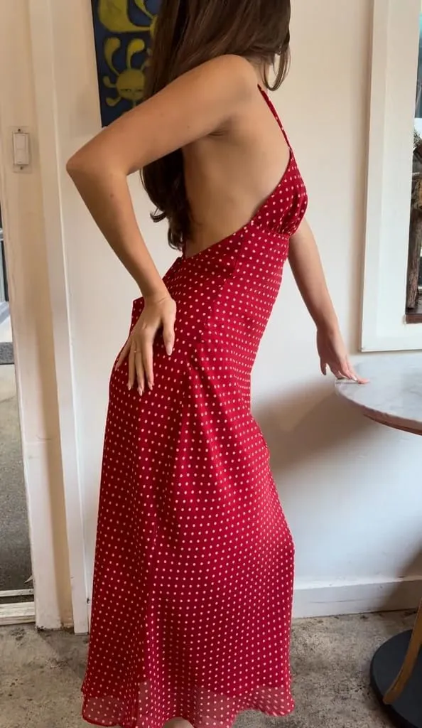Women Polka Dot Summer Sundress Y2k V Neck Tie Back Spaghetti Strap Maxi Dress 2025 Slim Fit A Line Beachwear