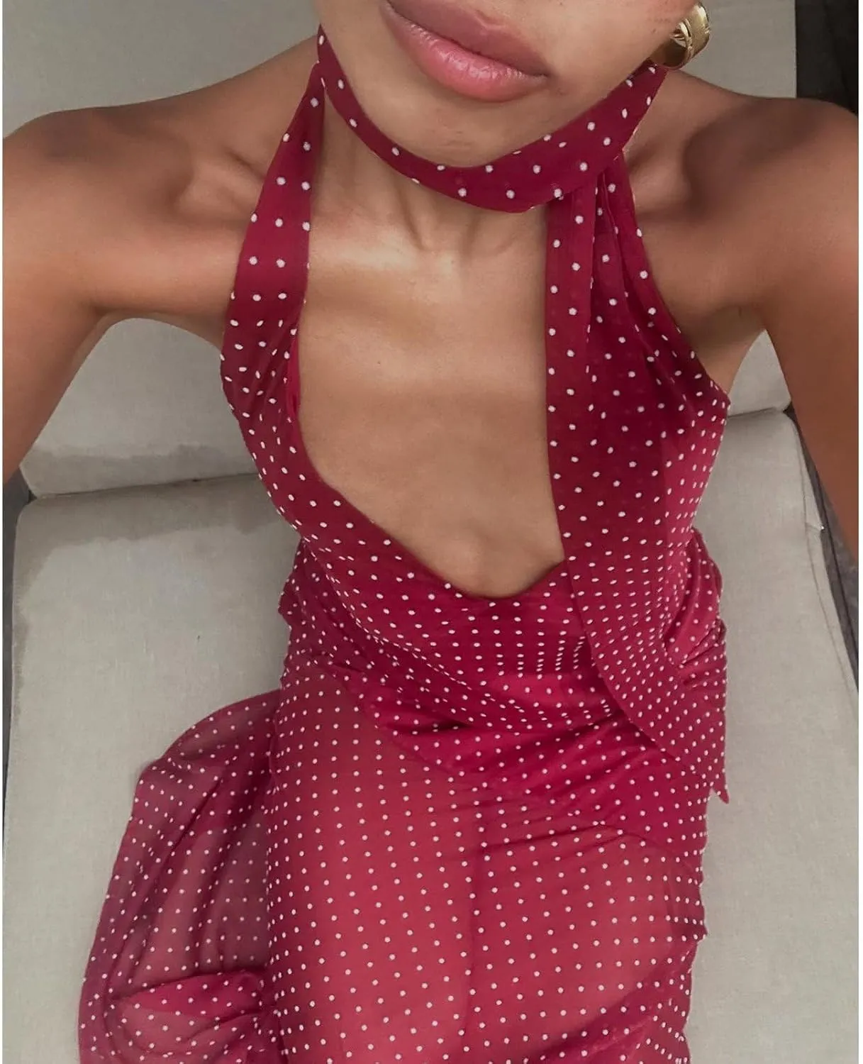 Women Polka Dot Summer Sundress Y2k V Neck Tie Back Spaghetti Strap Maxi Dress 2025 Slim Fit A Line Beachwear