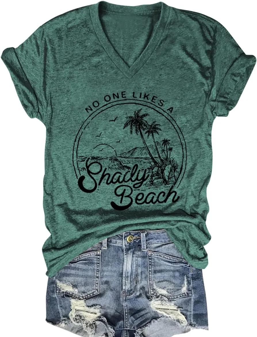 Women Summer Beach Tops Trees Print V Neck Short Sleeve Coconut Tree T Shirt Funny Graphic Tees