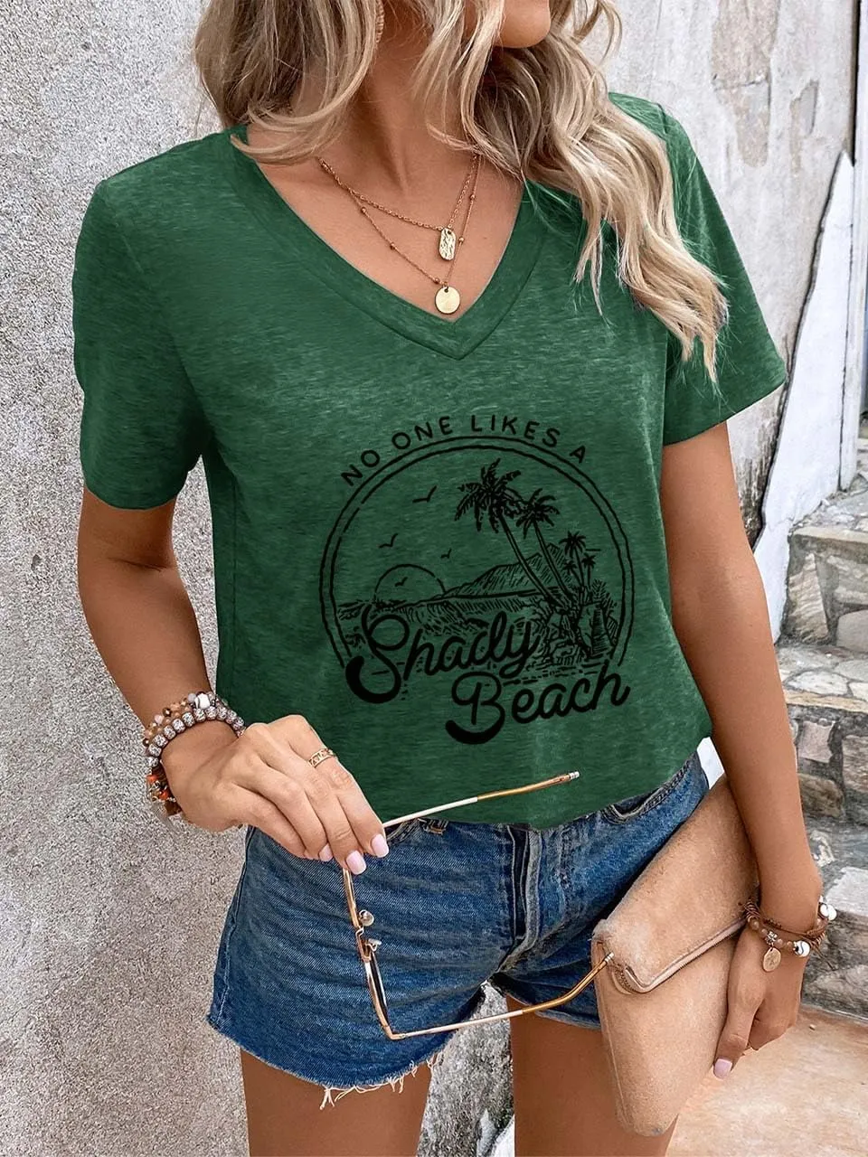 Women Summer Beach Tops Trees Print V Neck Short Sleeve Coconut Tree T Shirt Funny Graphic Tees