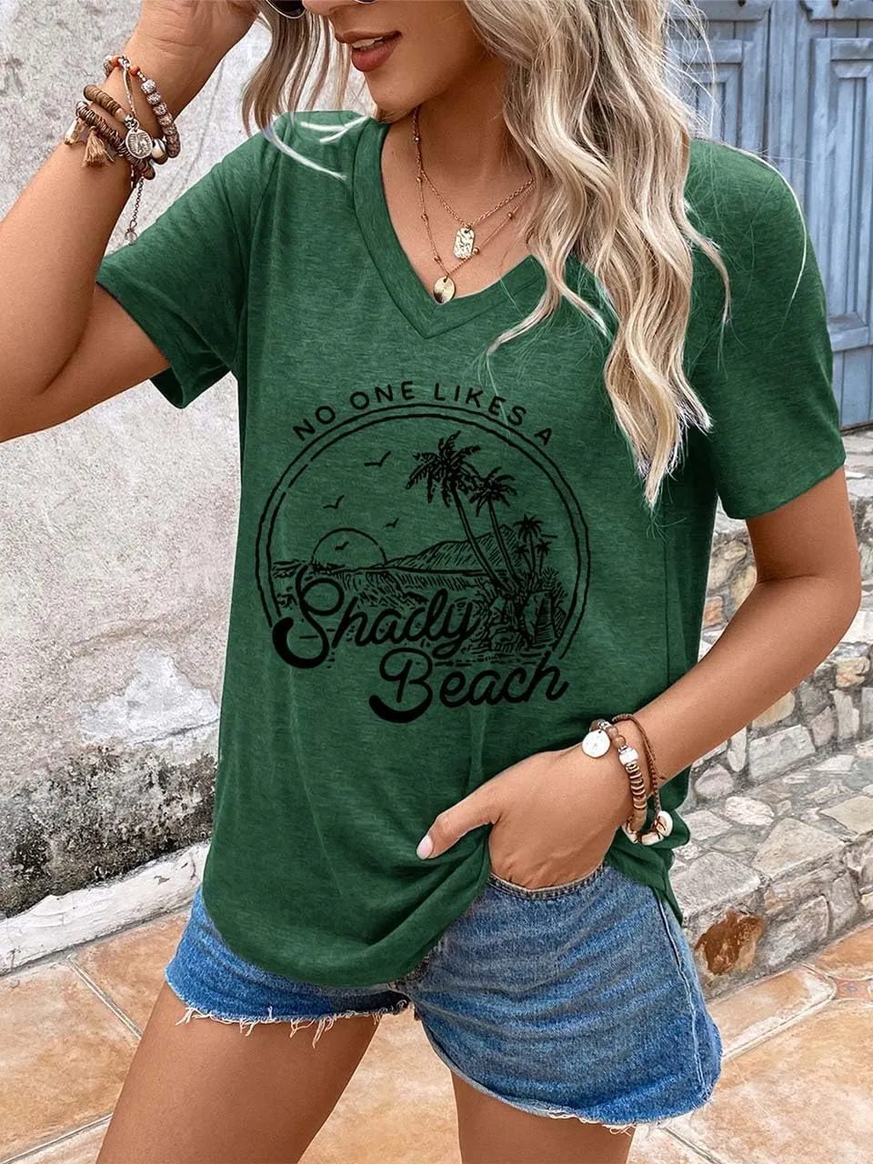 Women Summer Beach Tops Trees Print V Neck Short Sleeve Coconut Tree T Shirt Funny Graphic Tees