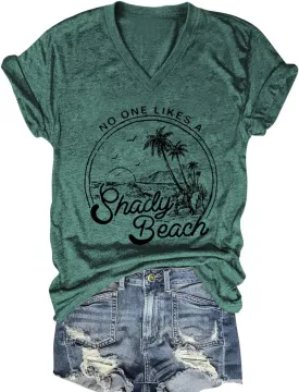 Women Summer Beach Tops Trees Print V Neck Short Sleeve Coconut Tree T Shirt Funny Graphic Tees