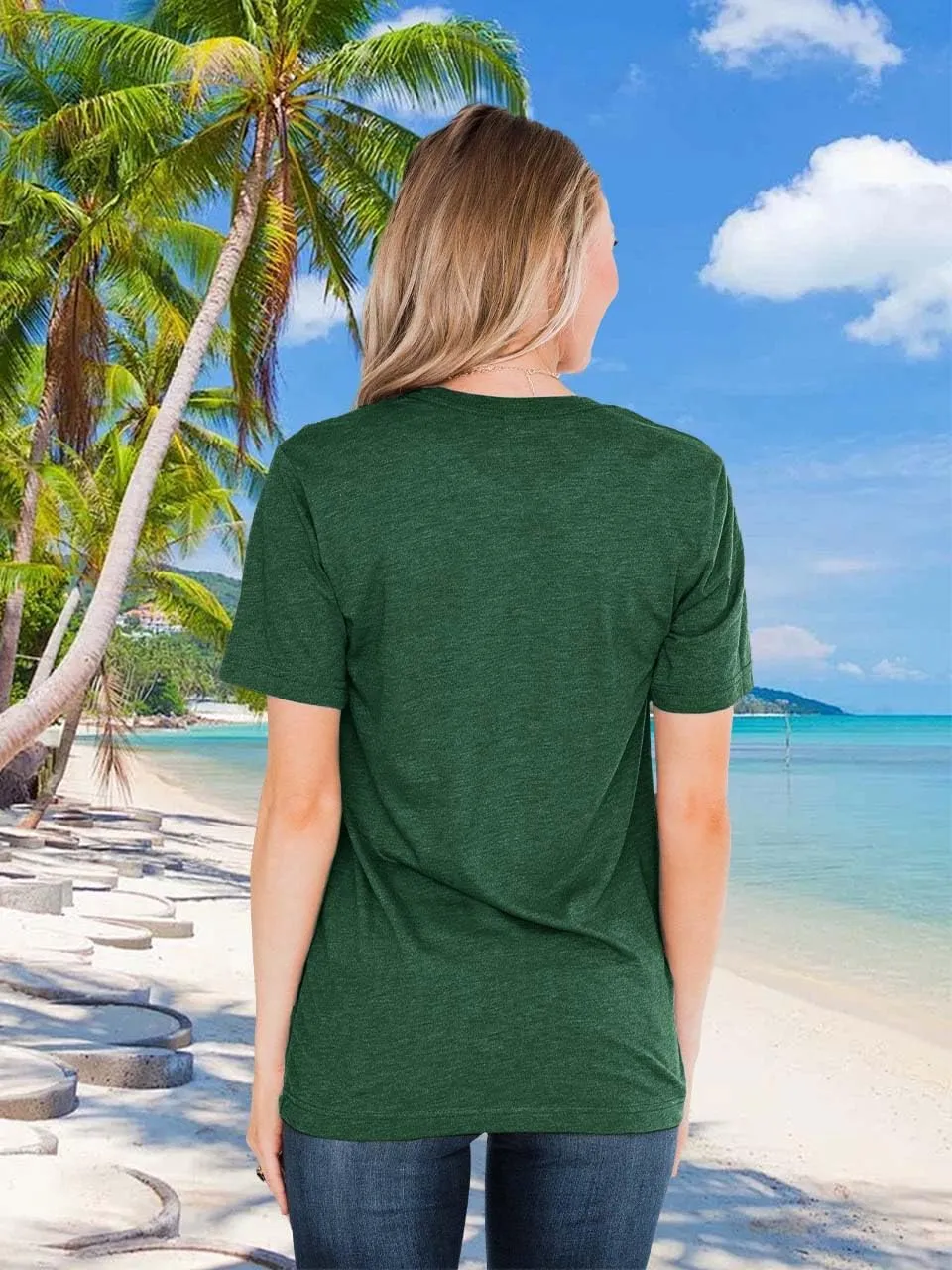 Women Summer Beach Tops Trees Print V Neck Short Sleeve Coconut Tree T Shirt Funny Graphic Tees