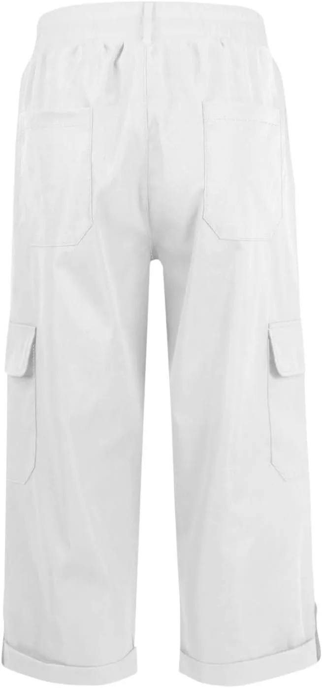 Womens Cargo Capri Pants High Waist Casual Cuffed Hem Capris Pants Summer Cropped Pant, Zipper Fly with Button Closure