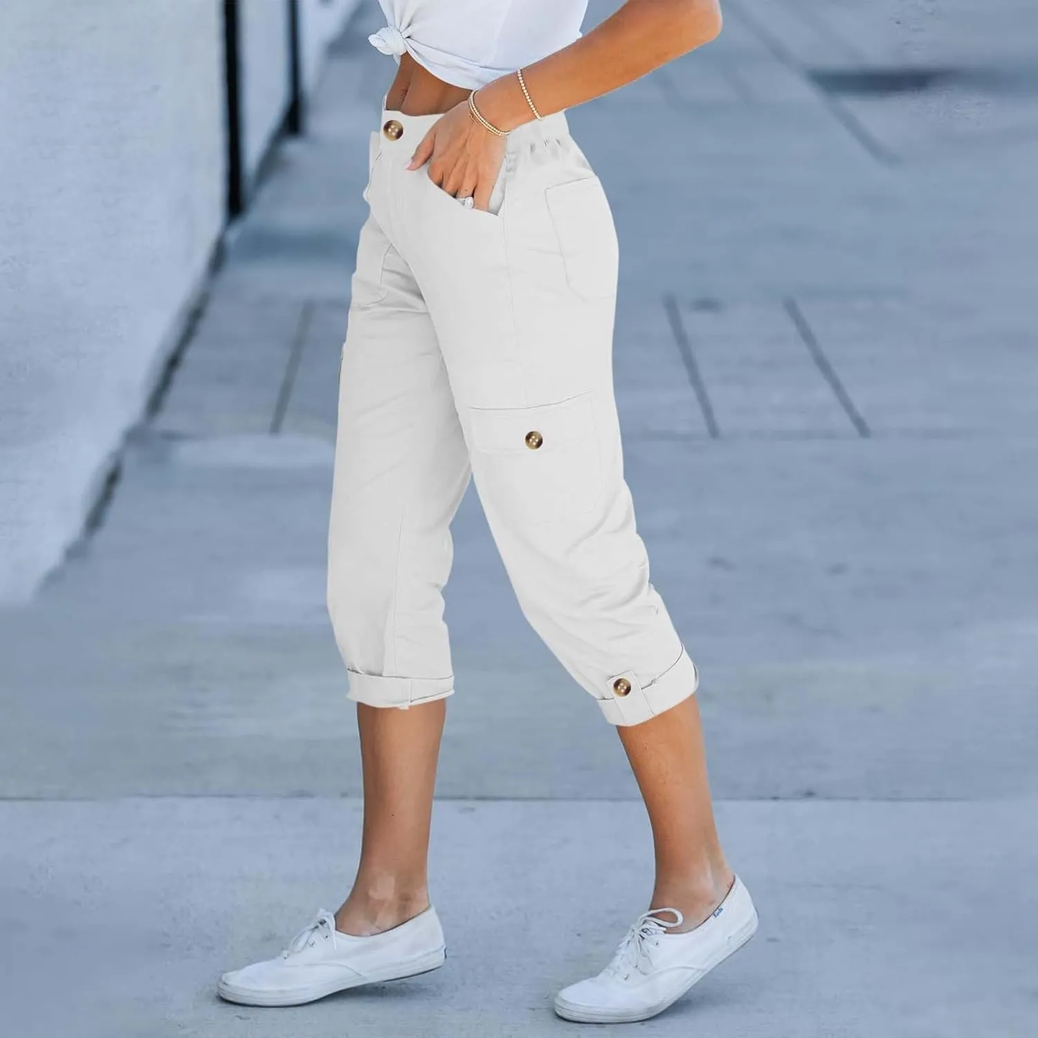 Womens Cargo Capri Pants High Waist Casual Cuffed Hem Capris Pants Summer Cropped Pant, Zipper Fly with Button Closure