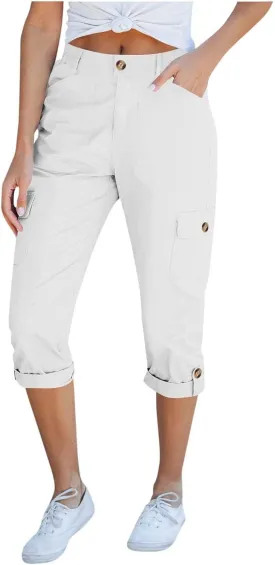 Womens Cargo Capri Pants High Waist Casual Cuffed Hem Capris Pants Summer Cropped Pant, Zipper Fly with Button Closure