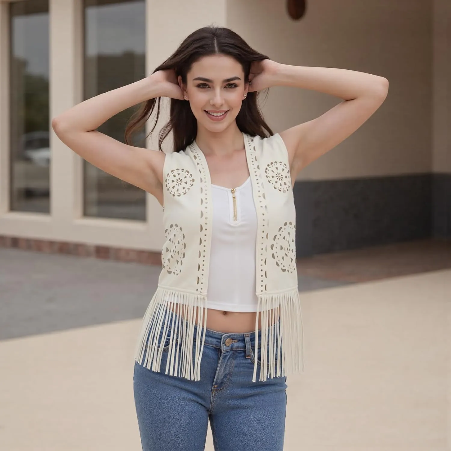 Women's Fringe Faux Suede Vest Casual Open Front Sleeveless Tassel Hippie Western Jacket Cardigan