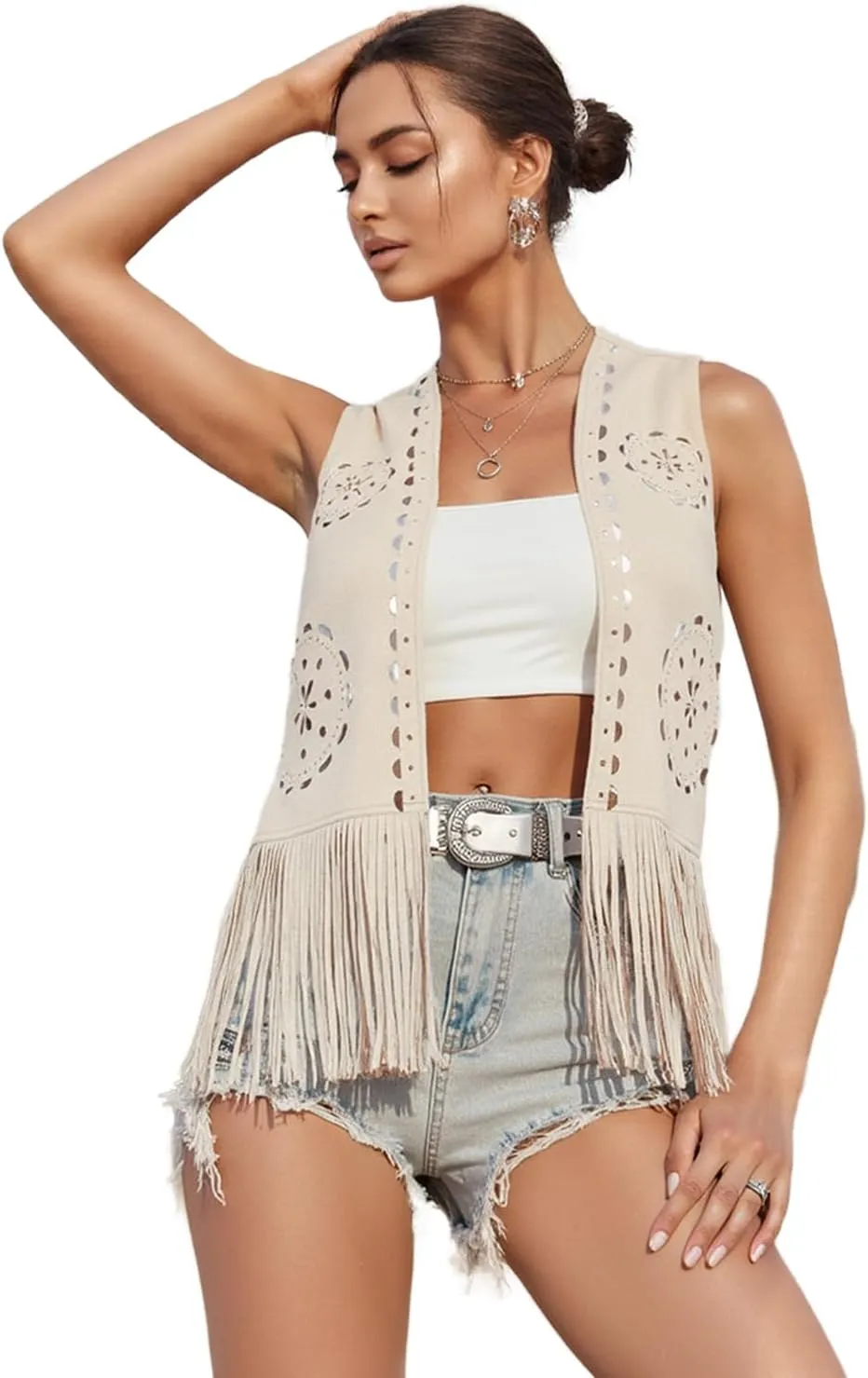 Women's Fringe Faux Suede Vest Casual Open Front Sleeveless Tassel Hippie Western Jacket Cardigan