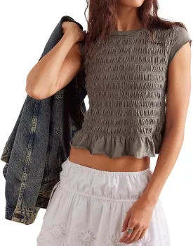 Womens Smocked Tops Summer Shirred Ruffle Going Out Y2k Short Cap Sleeve Baby Tee Slim Fit Going Out Crop Tank Top