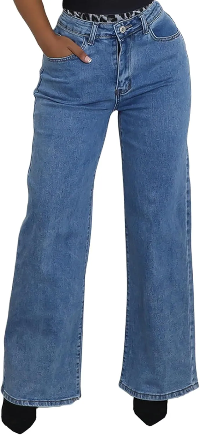 Women's Straight Leg High Waist Baggy Denim Jeans Loose Boyfriend Casual Stretchy Jeans