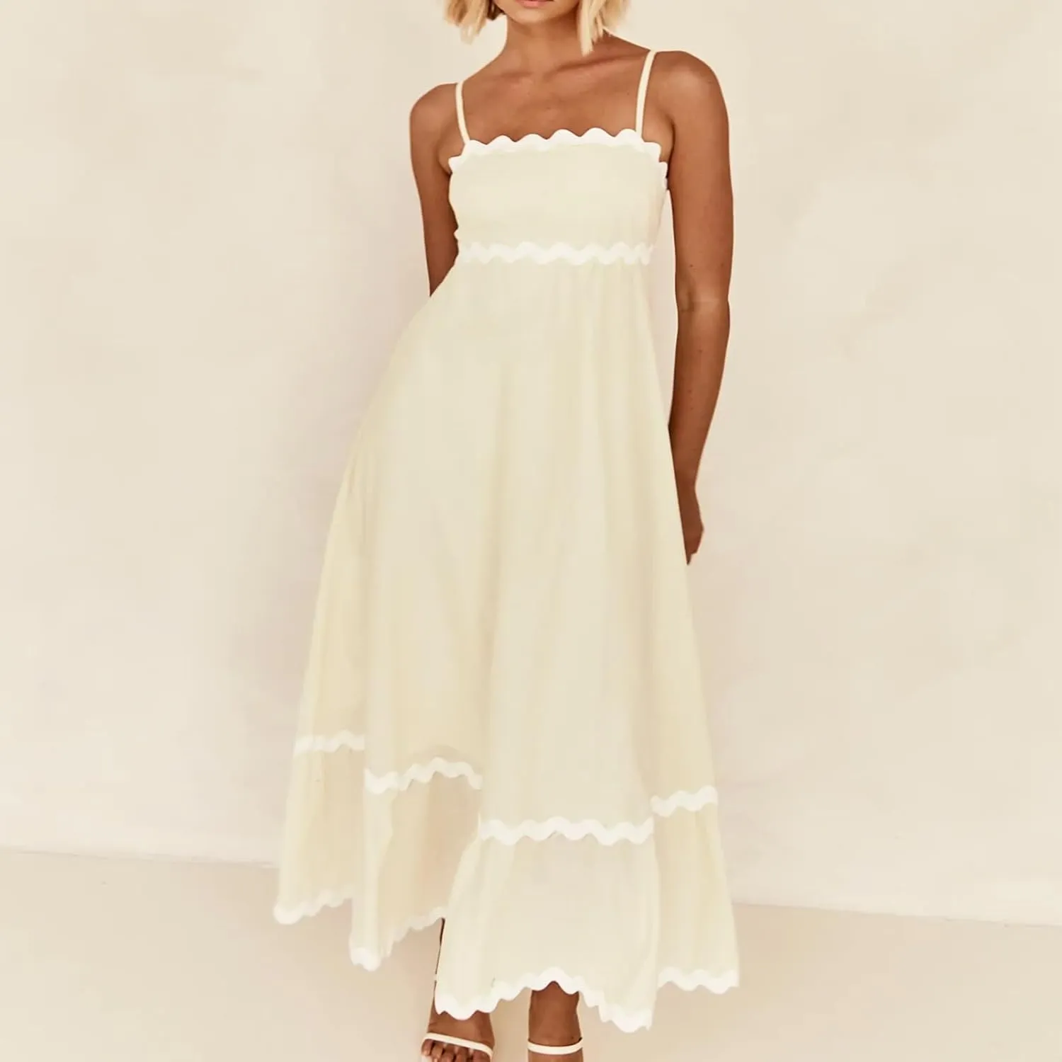 Women's Striped Maxi Dress Spaghetti Strap Sleeveless Cutout Long Dress Flowy Swing Beach Sun Dress