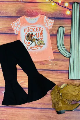 XCH0018-19H "PUCKER UP Cowboy" short sleeve top black bell bottoms 2pc girls sets