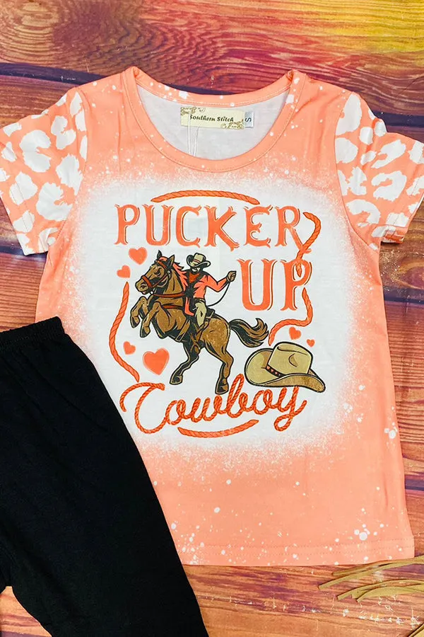 XCH0018-19H "PUCKER UP Cowboy" short sleeve top black bell bottoms 2pc girls sets