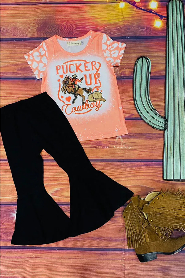 XCH0018-19H "PUCKER UP Cowboy" short sleeve top black bell bottoms 2pc girls sets