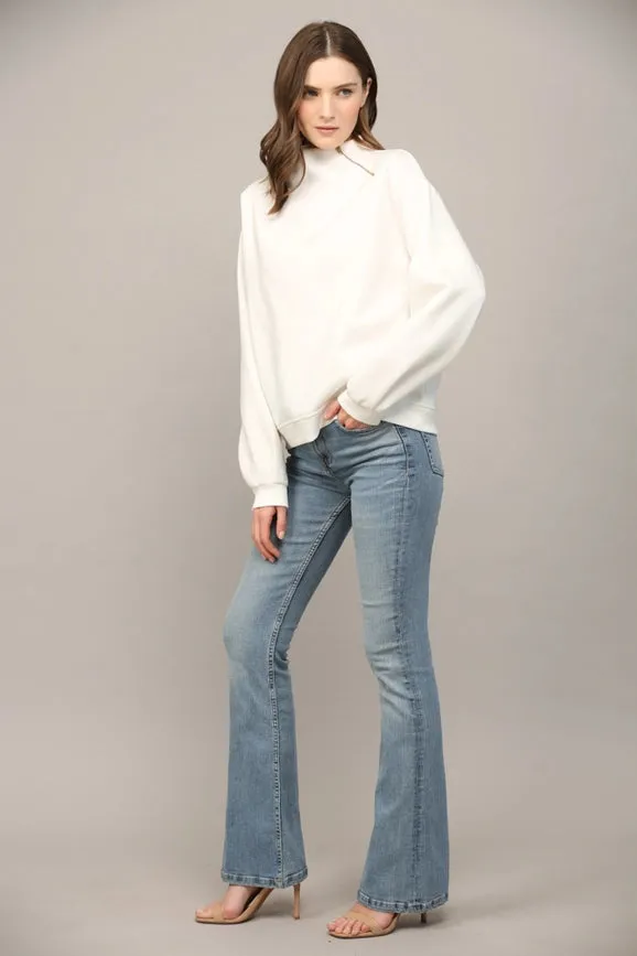Zipper Trimmed Round Neck Sweatshirt CREAM